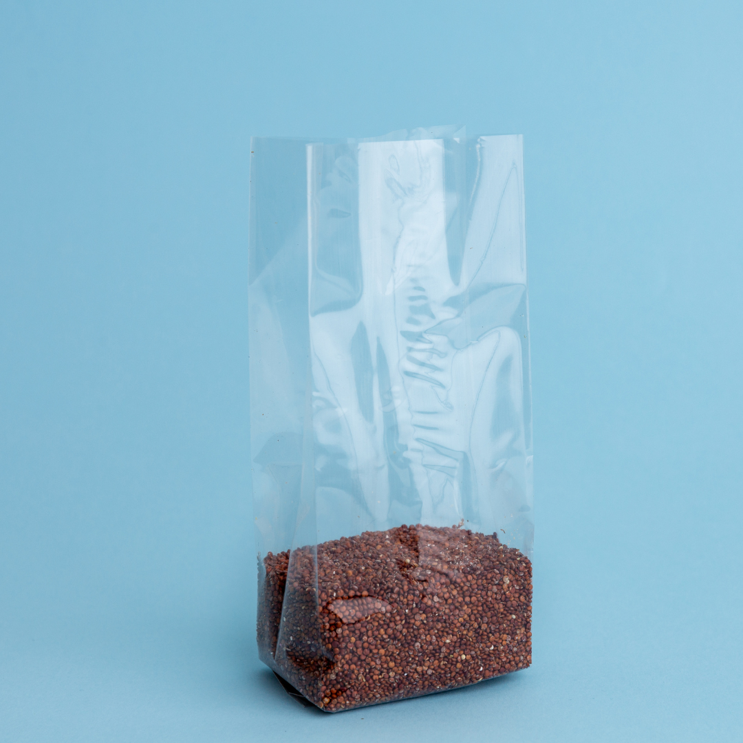 Bolsa TRANSPARENTE con fuelle y sello centrado (1/2 libra o 227 gramos) - 100 Unidades