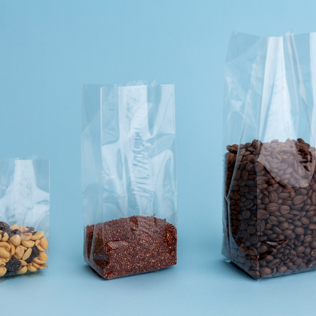 Bolsa TRANSPARENTE con fuelle y sello centrado (1 libra o 454 gramos) - 100 Unidades