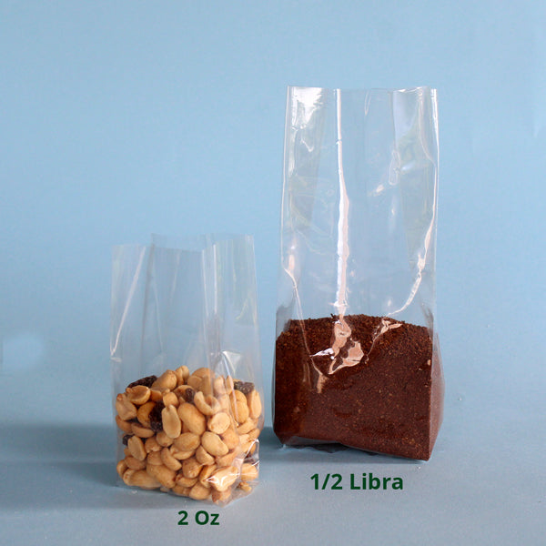 Bolsa TRANSPARENTE con fuelle y sello centrado (1/2 libra o 227 gramos) - 100 Unidades
